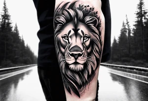 black and gray forearm sleeve tattoo where a lion is looking back as it is entering a forest tattoo idea