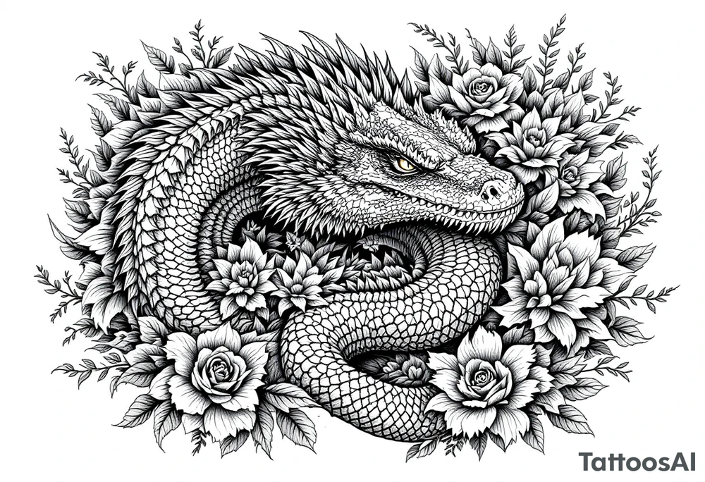powerful majestic reptile, surrounded by floral ornaments tattoo idea