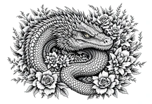 powerful majestic reptile, surrounded by floral ornaments tattoo idea