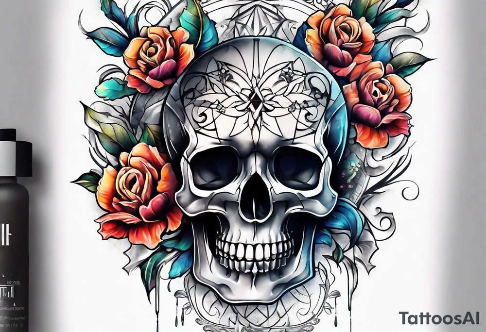 front knee tattoo with flowers & skulls, swirls & water washes, background washes tattoo idea