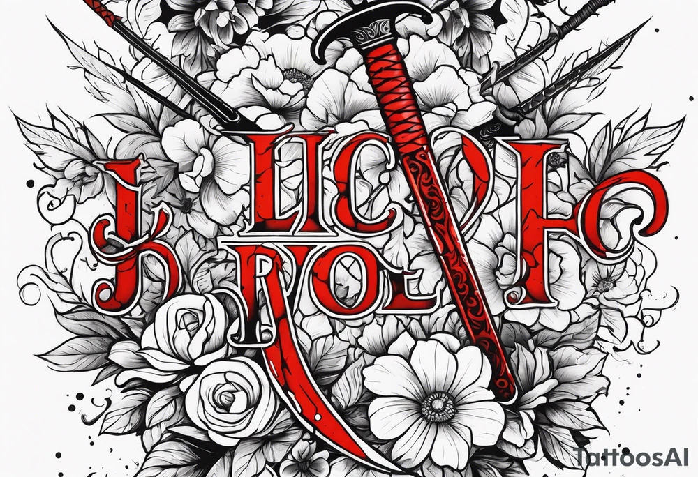 Bloody sword and flowers tattoo idea