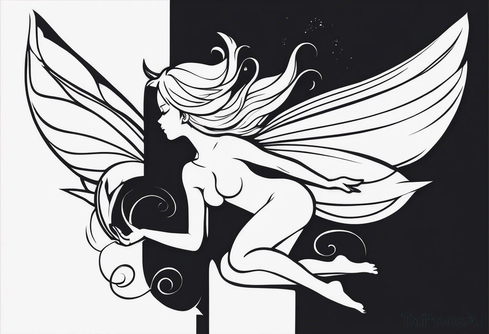 Minimalistic, monochromatic fairy with a tail flying to the left in a fetal position, leaning and looking in the same direction, with visible hands, embodying the 'Fairy Tail' logo aesthetic. tattoo idea