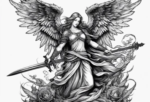 Angel with long sword on a pile of dead demons in etchwork style tattoo idea