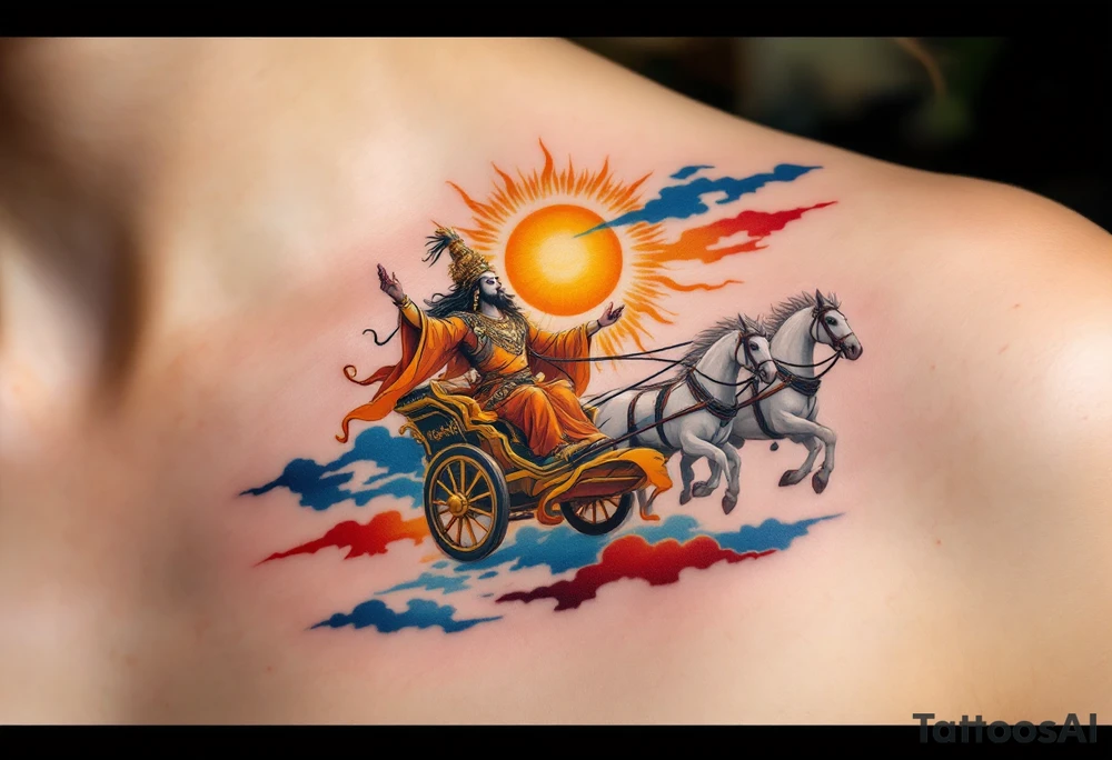 Dazhbog – A radiant sun god in fiery orange and yellow robes, riding a chariot pulled by white horses across a sky split in blue and scarlet. tattoo idea