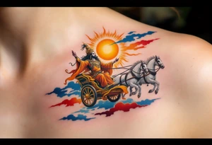 Dazhbog – A radiant sun god in fiery orange and yellow robes, riding a chariot pulled by white horses across a sky split in blue and scarlet. tattoo idea