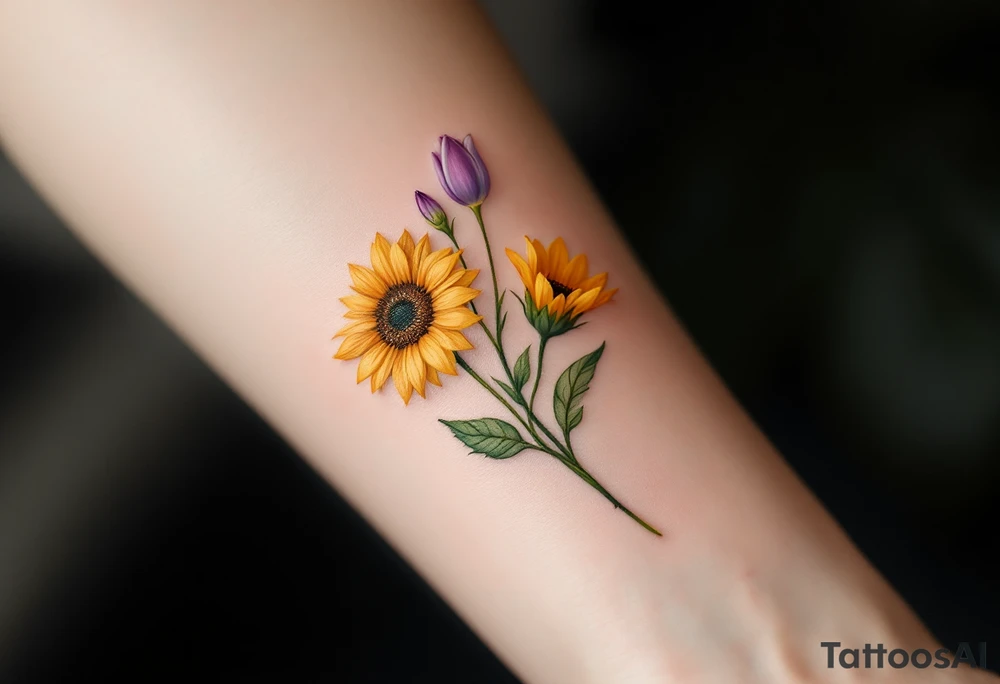 small yellow sunflowers and sunflower buds and pale purple tulip buds and a small stargazer Lilly in pale pink in a dainty wildflower bouquet with light green stems. Low detail. tattoo idea