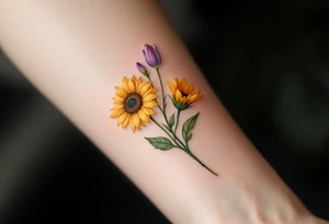 small yellow sunflowers and sunflower buds and pale purple tulip buds and a small stargazer Lilly in pale pink in a dainty wildflower bouquet with light green stems. Low detail. tattoo idea