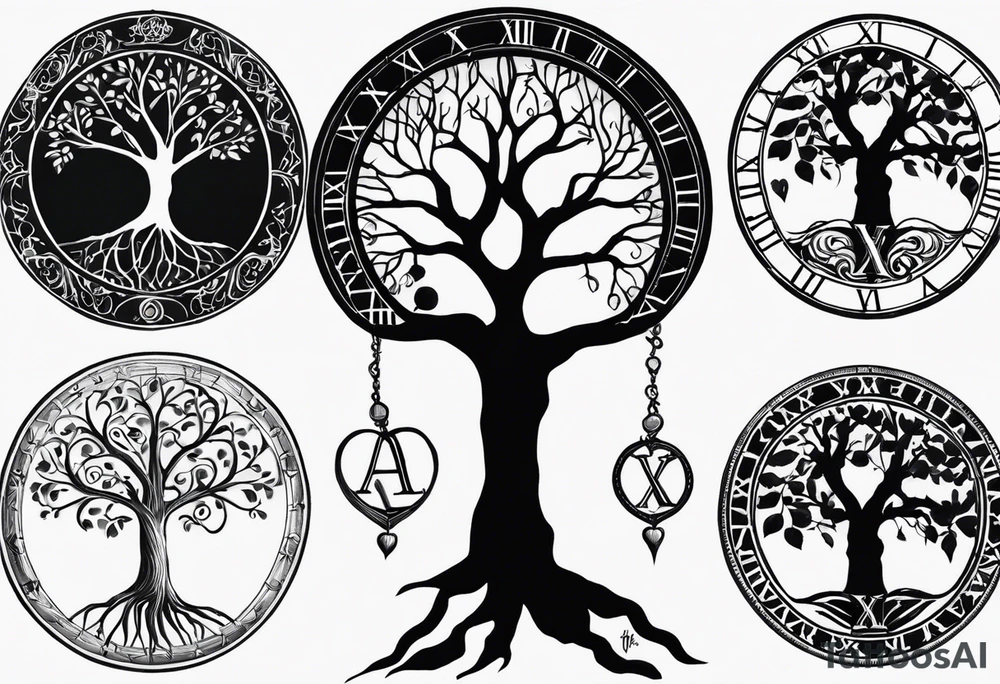 the roman numeral 4 surrounded by a tree of life. a small apple in the tree.  the roots of the tree have a roman numeral 1, 2 and 3 within them. its a tattoo for my left shoulder. tattoo idea