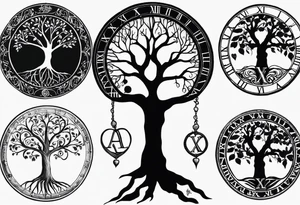 the roman numeral 4 surrounded by a tree of life. a small apple in the tree.  the roots of the tree have a roman numeral 1, 2 and 3 within them. its a tattoo for my left shoulder. tattoo idea