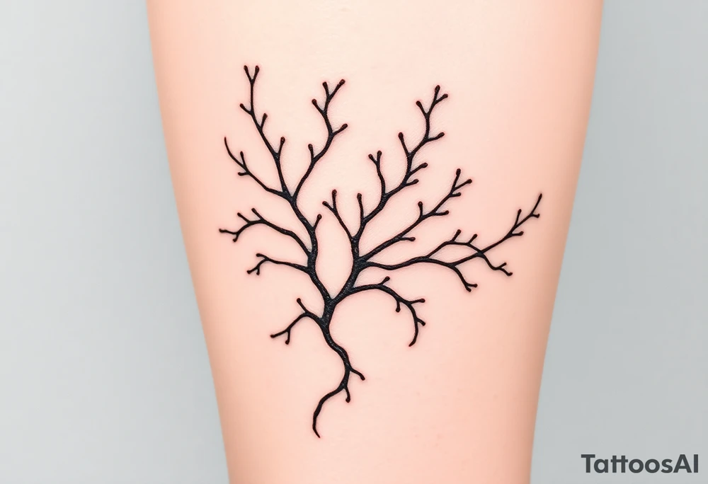 Photorealistic tattoo design of Asparagopsis taxiformis red algae, detailed texture, natural branching pattern, underwater appearance, suitable for calf placement, flowing upward” tattoo idea