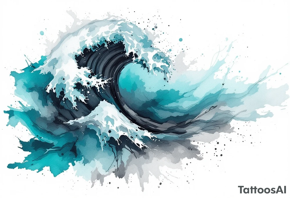 A wave in layered brushstrokes of teal, indigo, and gray mimics a watercolor painting. tattoo idea