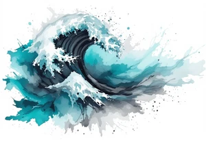 A wave in layered brushstrokes of teal, indigo, and gray mimics a watercolor painting. tattoo idea