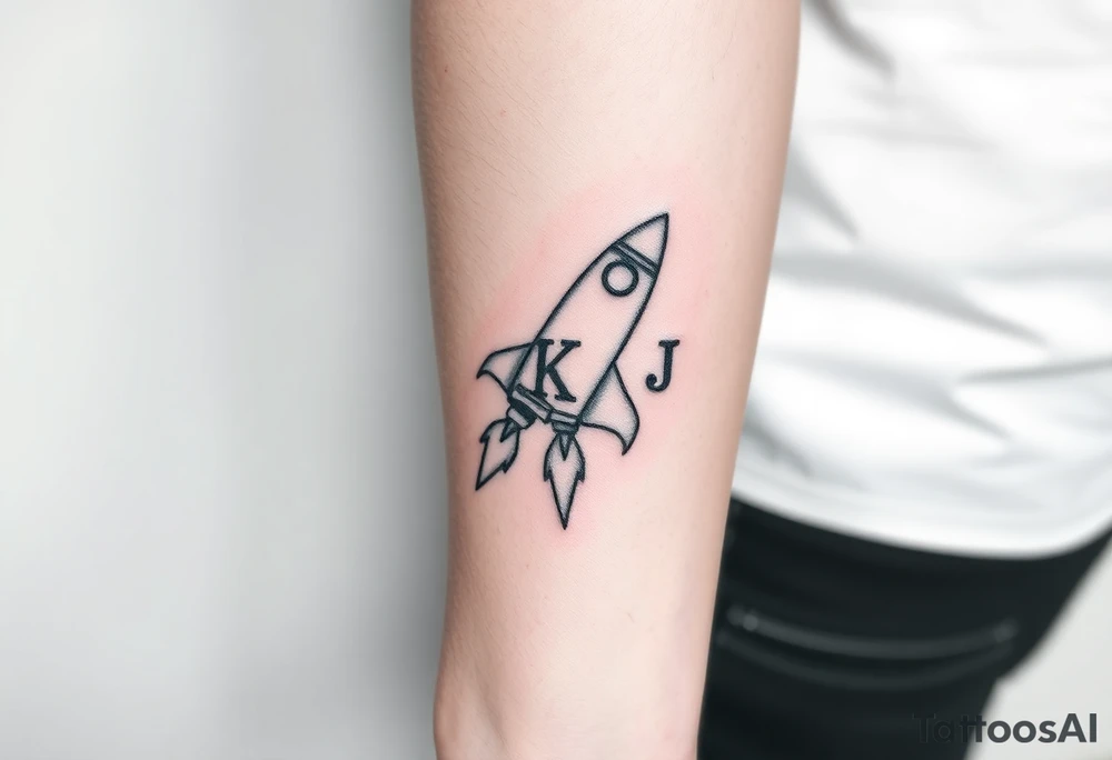 Rocket ship with letters K and J somewhere on it tattoo idea
