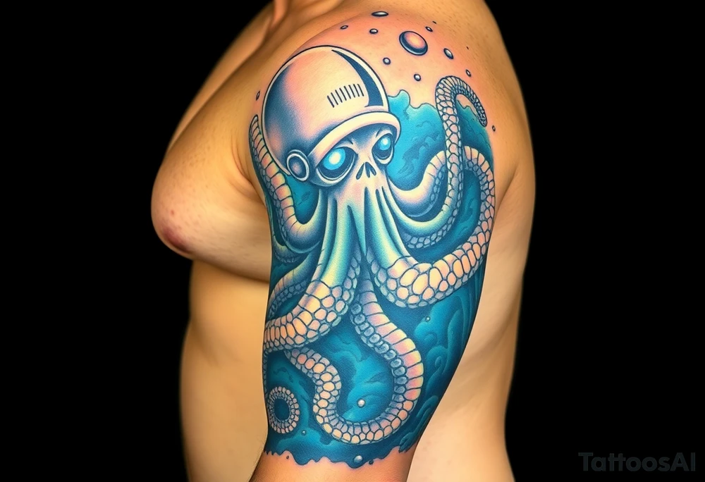 Deep sea with a real looking octopus grabbing a astronaut in a deep sea and space concept background tattoo idea