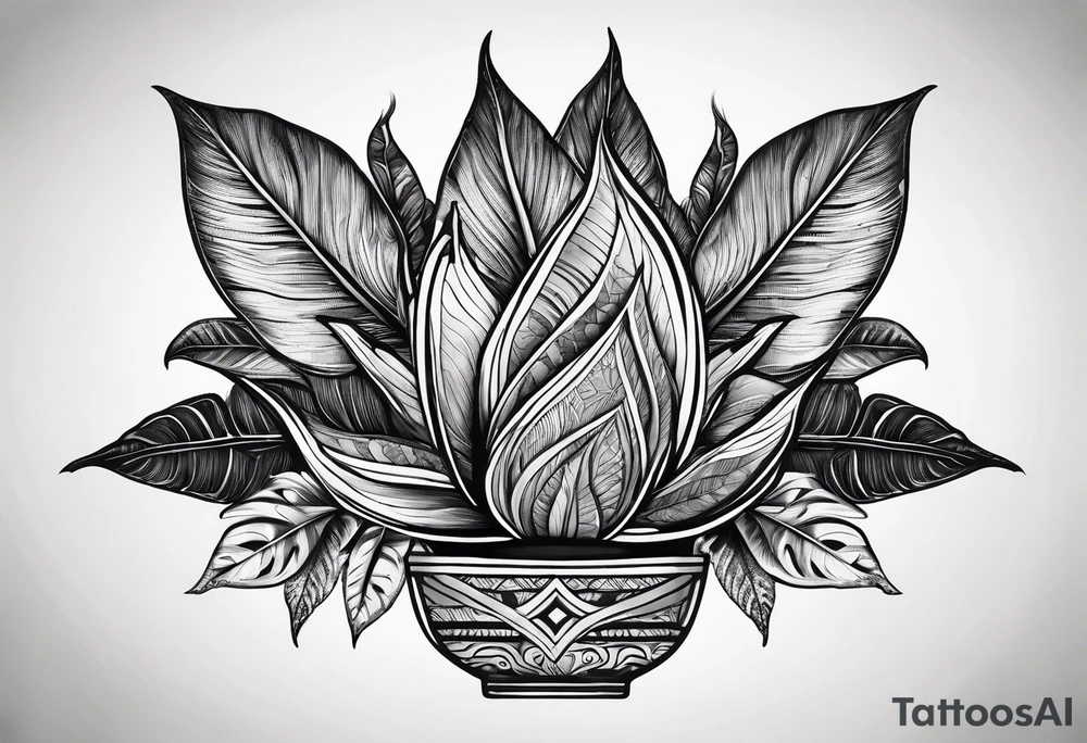 Ayahuasca leaves with small shot glass of ayahuasca in the middle tattoo idea