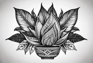 Ayahuasca leaves with small shot glass of ayahuasca in the middle tattoo idea