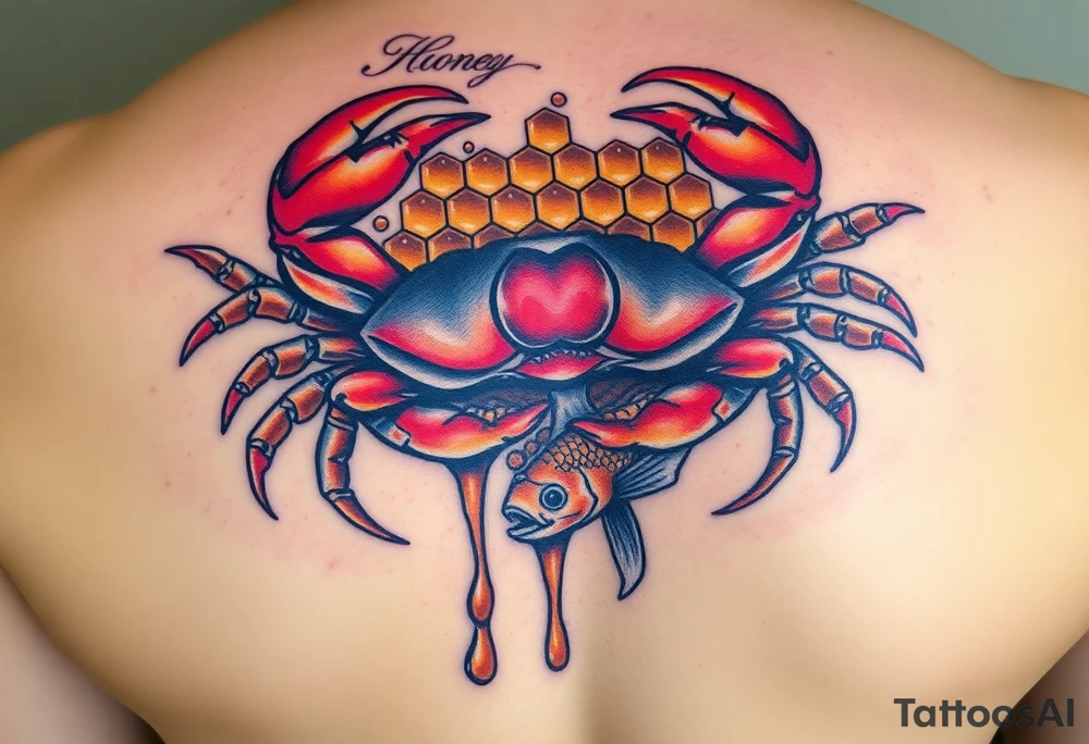 Powerful crab surrounded by dripping honey comb, eating coi fish tattoo idea
