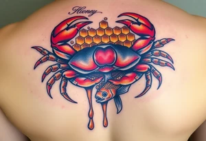 Powerful crab surrounded by dripping honey comb, eating coi fish tattoo idea