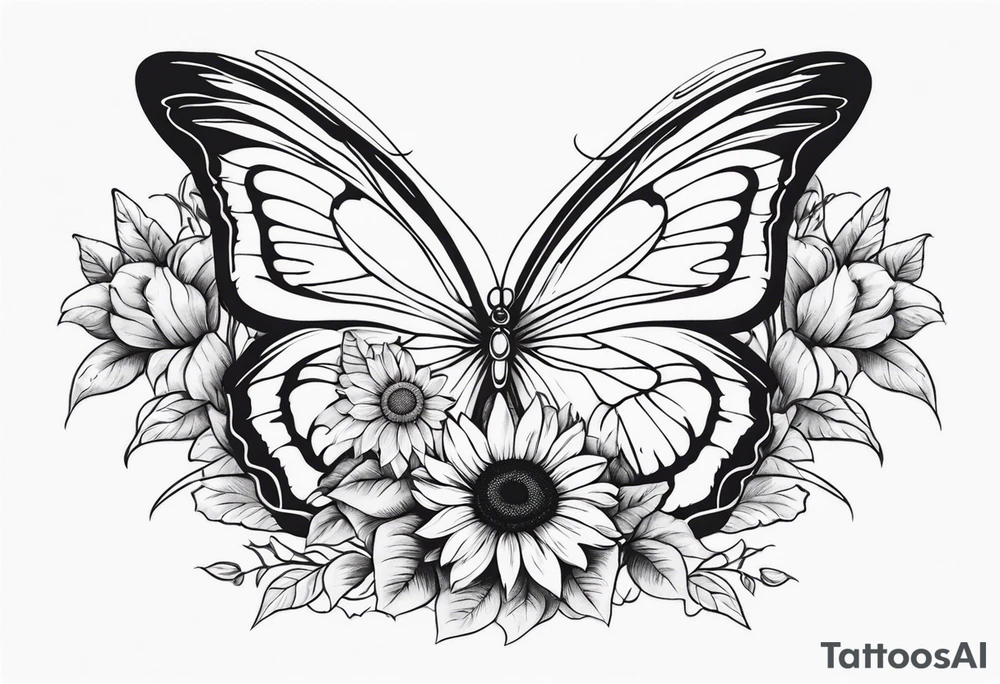 Sleeve with angel wings, sunflower and butterfly tattoo idea