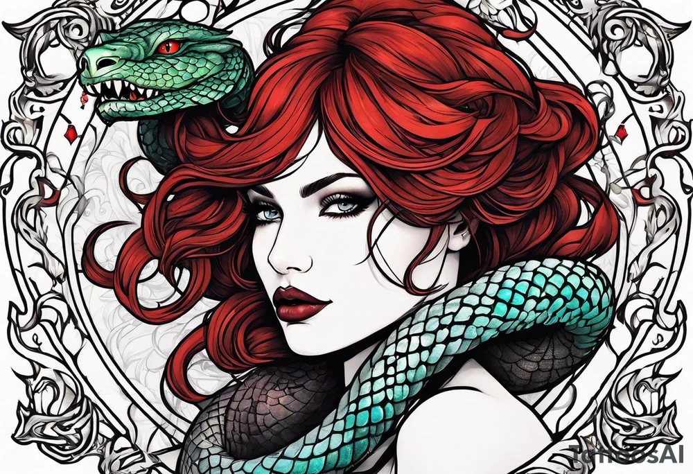 Lilith with red hair and serpent tattoo idea