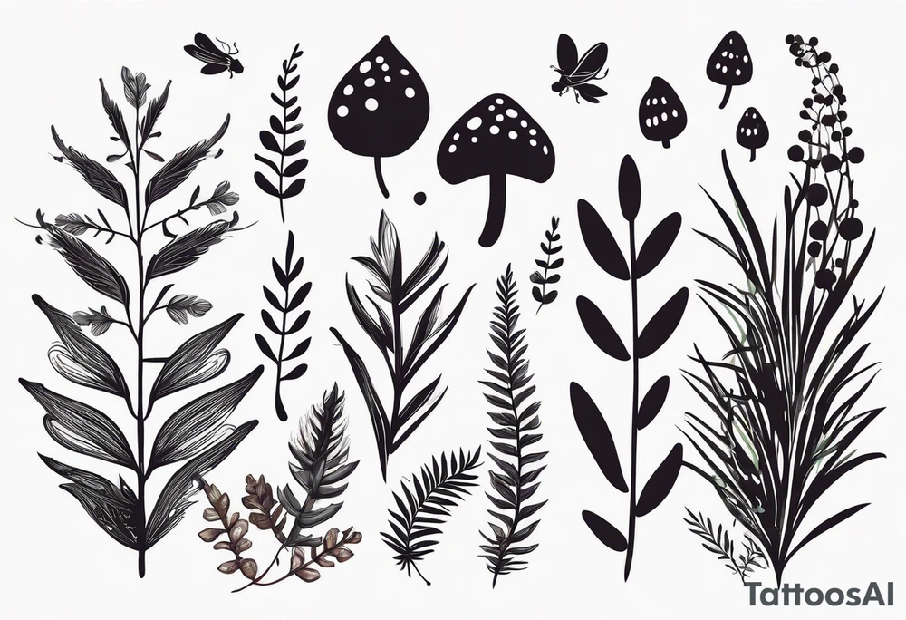 forest floor inspired minimalist tattoo, which includes grass, curly ferns, moss and dead leaves as the bulk of the tattoo. details to include: forest berries, a tiny bumblebee flying nearby, three small brown mushrooms
Generate a vertically long one tattoo idea