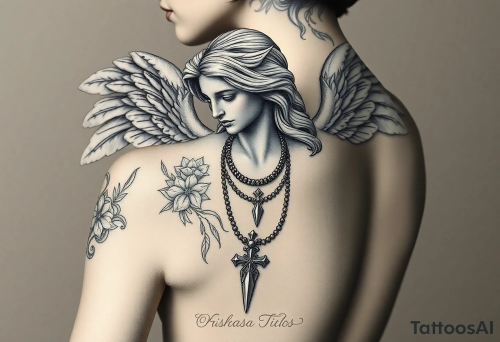 Create a statue of some angel, ruined with a corrupt criminal/thug style, tattoos, jewelry, gold necklaces. I would like this to be placed on the left arm. tattoo idea