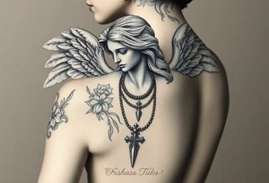 Create a statue of some angel, ruined with a corrupt criminal/thug style, tattoos, jewelry, gold necklaces. I would like this to be placed on the left arm. tattoo idea