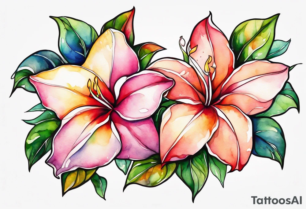 abstract mandevilla flowers on a vine, part of it watercolor, part of it just line work tattoo idea