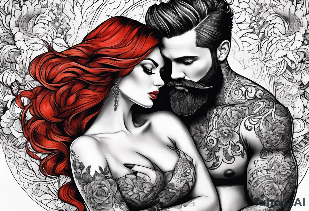Busty Red haired woman with black haired bearded man tattoo idea