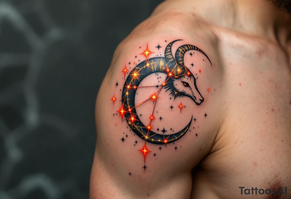 This celestial Aries design connects gold stars constellation with glowing red lines to emphasize the zodiac’s fiery essence. tattoo idea