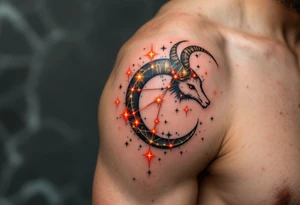 This celestial Aries design connects gold stars constellation with glowing red lines to emphasize the zodiac’s fiery essence. tattoo idea