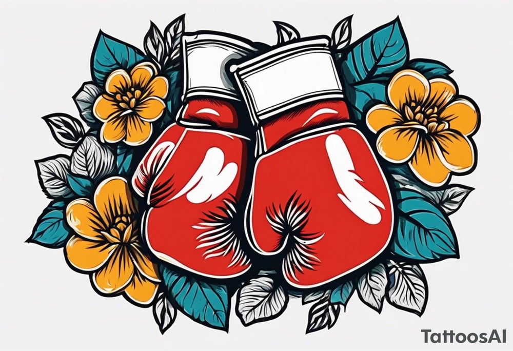 boxing gloves and flowers around the gloves  bold colors traditional old school vintage tattoo idea