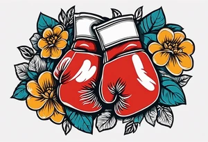 boxing gloves and flowers around the gloves  bold colors traditional old school vintage tattoo idea