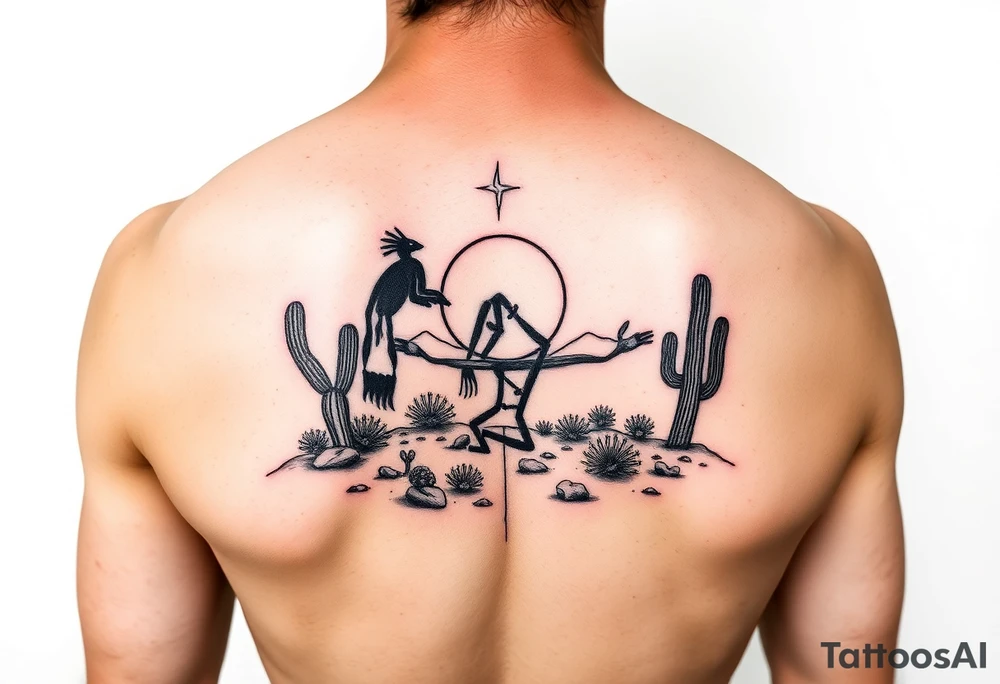 Kokopelli symbol in desert scene with cactus and sun tattoo idea
