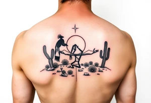 Kokopelli symbol in desert scene with cactus and sun tattoo idea