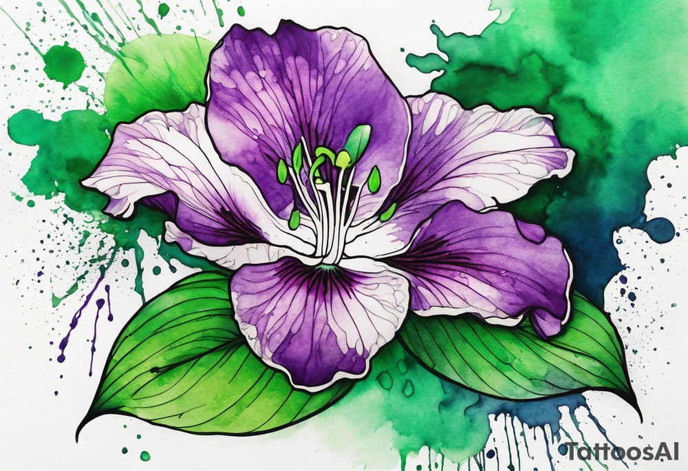 A mystical outline of a green and purple rio dipladenia flower and a green and purple watercolor splash in the background tattoo idea