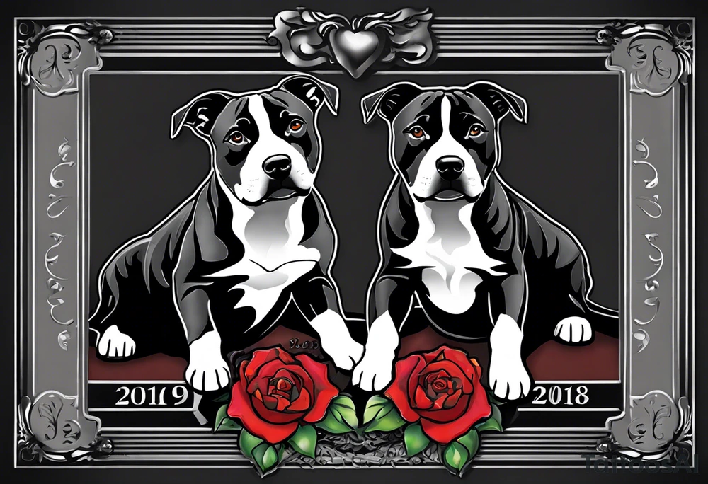 "Design a black and grey tattoo featuring two Staffy dogs, each representing a special date. The first Staffy should have a strong, loyal posture, with a playful but wise expression, and beneath it, the date 'August 5th, 2019.' The second Staffy should appear slightly younger, with an alert, loving look, with the date 'May 18th, 2022' beneath. Both dogs should be surrounded by soft, detailed shading to emphasize their presence.

Additionally, include two beautifully detailed roses, each blooming with significance. One rose should be placed near the first Staffy, with the date '2007' subtly integrated into its petals. The second rose should be positioned near the second Staffy, with the date '2022' hidden elegantly within its design. These roses symbolize two special people, so they should feel delicate yet resilient, merging naturally with the overall composition."

This tattoo will tell a heartfelt story of love, loyalty, and memory with a natural and symbolic flow. tattoo idea