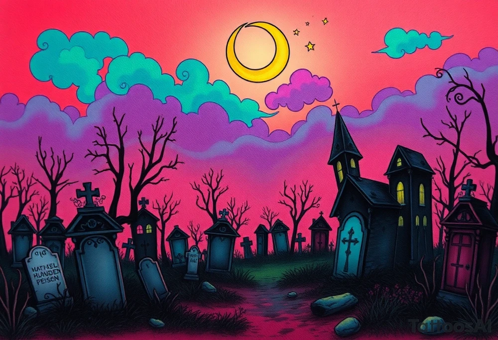 Tim Burton’s haunted victorian graveyard is abandoned and dripping with muted reds, dusty pinks, and eerie green glow.purple and cyan smokey clouds swirl in the crescent moonlit sky thats sprinkled with stars tattoo idea tattoo idea