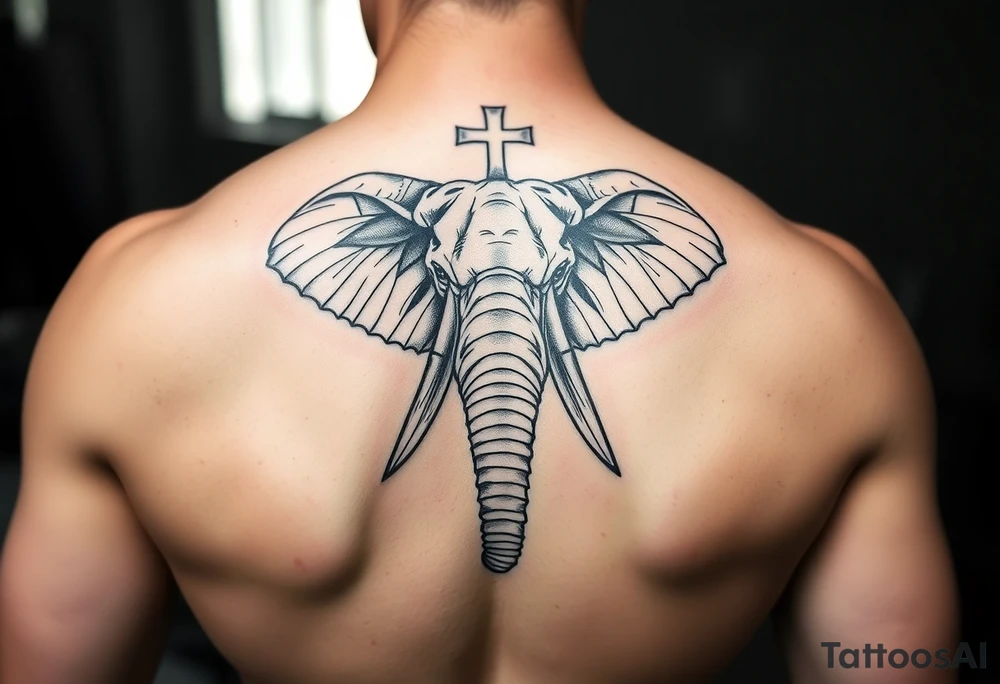 powerful majestic elephant with 3 crosses tattoo idea