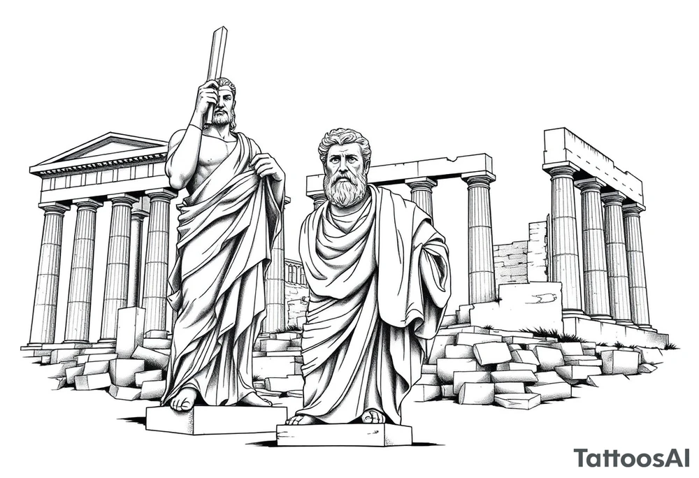 greek philosopher statue with masculine Fram in front of old broken greek buildings, forearm tattoo idea