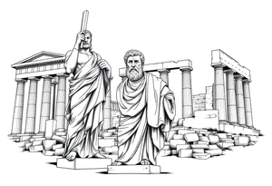 greek philosopher statue with masculine Fram in front of old broken greek buildings, forearm tattoo idea