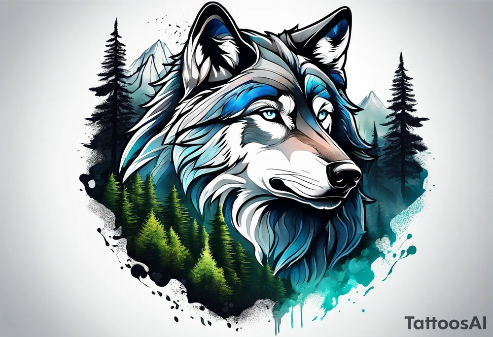 Forest and mountains in wolf body tattoo idea