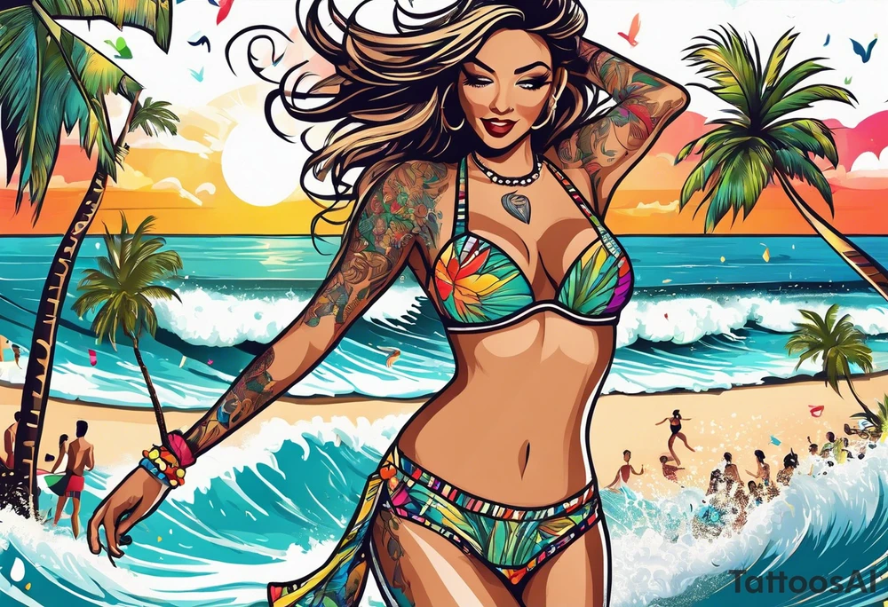 SURFING SAFARI BEACH DANCE 
PARTY WITH CONFETTI AND MUSIC NOTES, TROPICAL DRINKS, SEXY BIKINIS tattoo idea