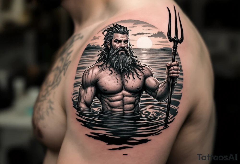 young, happy, fit poseidon in calm water, holding a trident, drinking a beer, with sunset tattoo idea