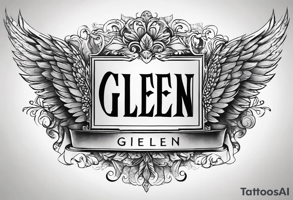 The word Glenn on a banner with angel Wings tattoo idea