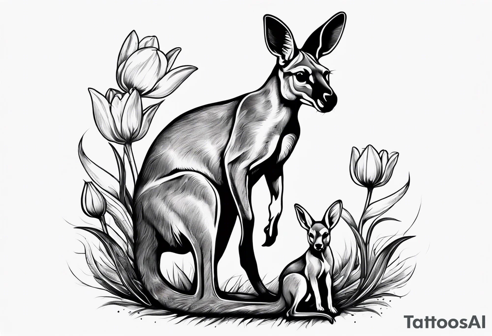 A kangaroo with a puppy in its pick surronded by tulipa tattoo idea
