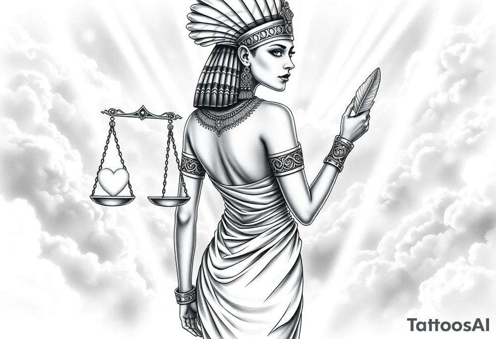 beautiful Egyptian goddess stands with her back slightly turned, accentuating her figure. Wearing a silk gown. She wears an elaborate ostrich feather headdress and ornate, intricate ancient Egyptian jewelry draped across her body. Her expression is mysterious and confident. In one hand, she holds the Scales of Justice: one side holds a radiant, glowing heart; the other, Ma’at’s feather. The scales themselves shimmer with an otherworldly light.
The background is a surreal, heavenly landscape filled with luminous clouds and beams of divine light piercing through, creating dramatic contrasts of deep shadows and highlights. The entire scene is bathed in an ethereal, mystical glow, with a dreamlike, almost supernatural atmosphere. tattoo idea