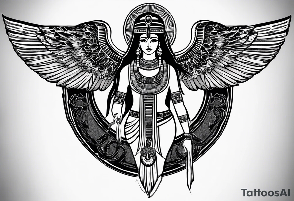 black and white Egyptian goddess Isis, who is often depicted as a woman with outstretched wings, holding an ankh (a symbol of life) in one hand and a lotus flower in the other. Her headdress often includes a throne or a solar disk. The tattoo design can vary in style and size, but it typically aims to capture the essence of this revered Egyptian deity, emphasizing her beauty, power, and maternal qualities. The choice of colors and additional elements can also be customized to create a unique and visually striking representation of the goddess Isis tattoo idea