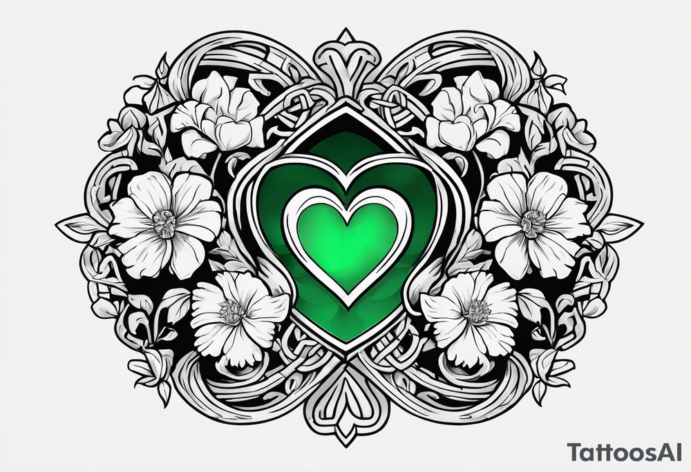 Irish Celtic symbol of love wedding ring with an Emrald green gem in the middle of the heart with a bundle of carnations, leaves, and narcissus coming out of the hands. Simple tattoo idea