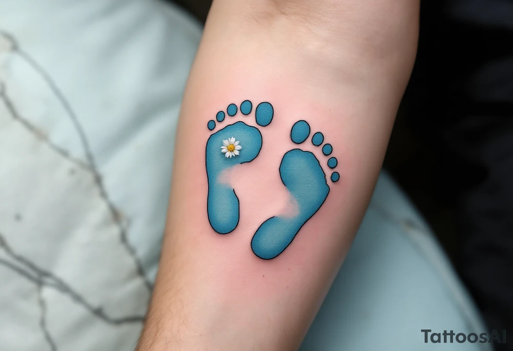 Light blue and soft gray footprints of Jakub, encircled by a small, blooming daisy to signify his pure and gentle spirit. tattoo idea